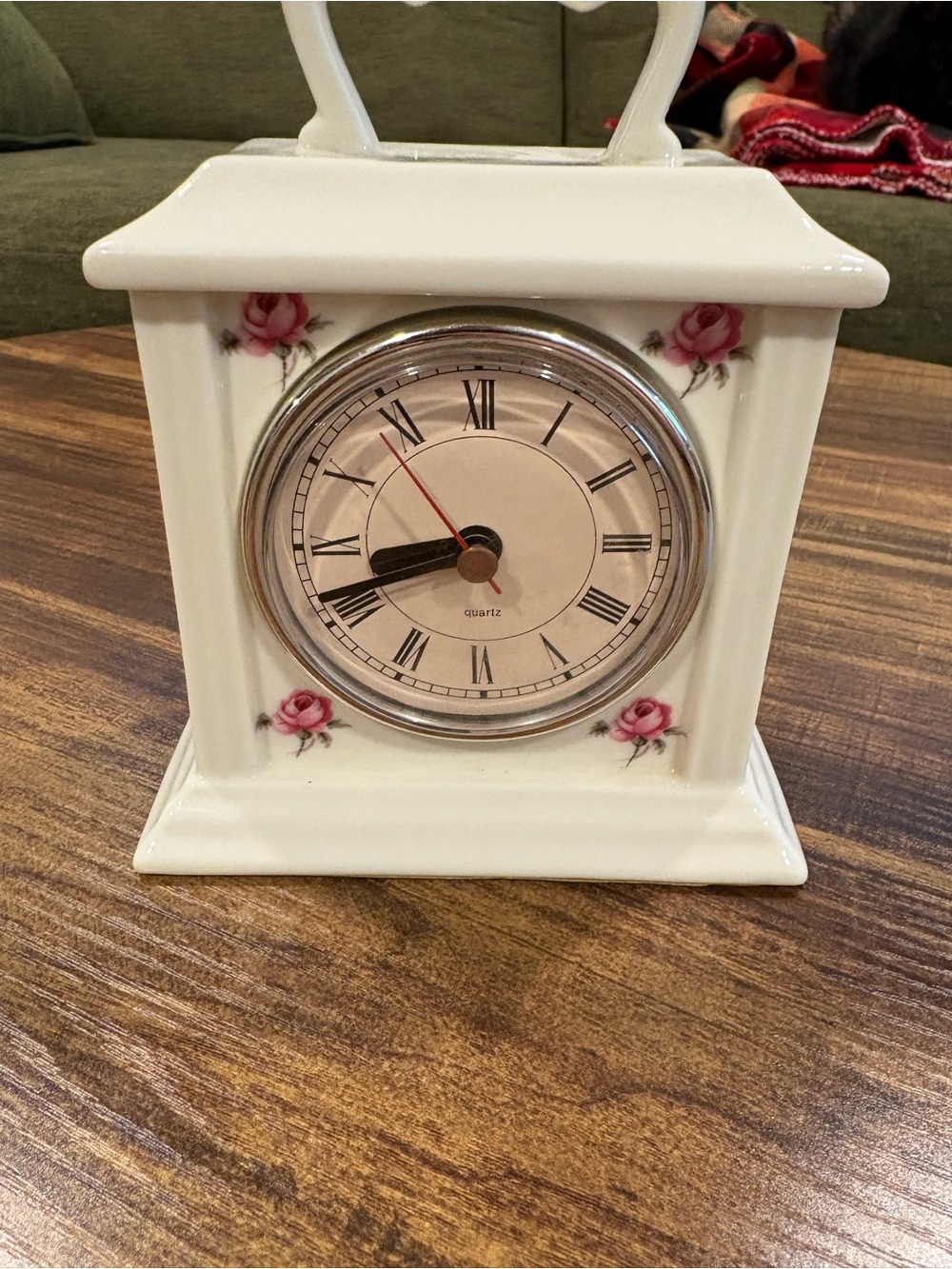 White Ceramic Rose Mantel Clock with Pink Floral Accents
